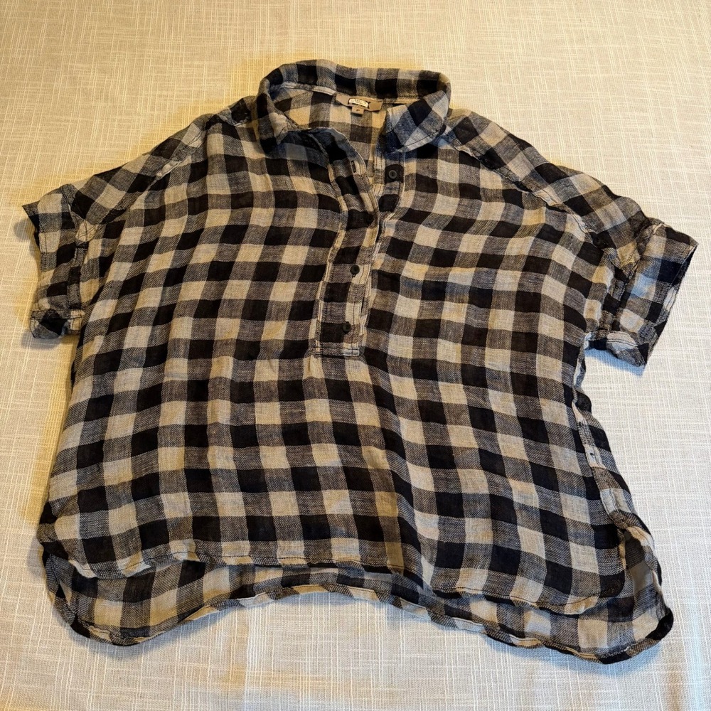 FLAX Women Linen Plaid Pullover Top Black Cream Gingham Short Sleeve Size P